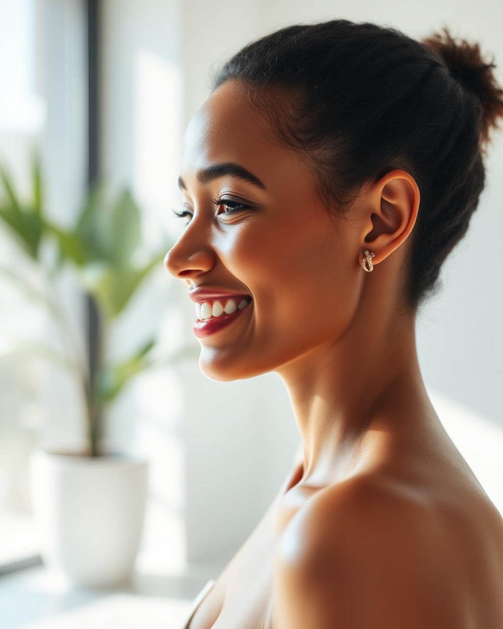 Pessoa radiante e saudável, sorrindo em luz natural suave