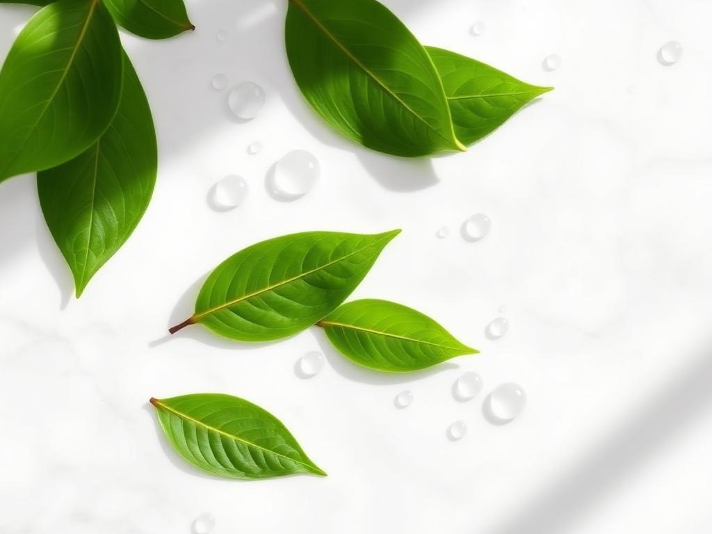 Folhas verdes frescas com gotas de água sobre mármore branco
